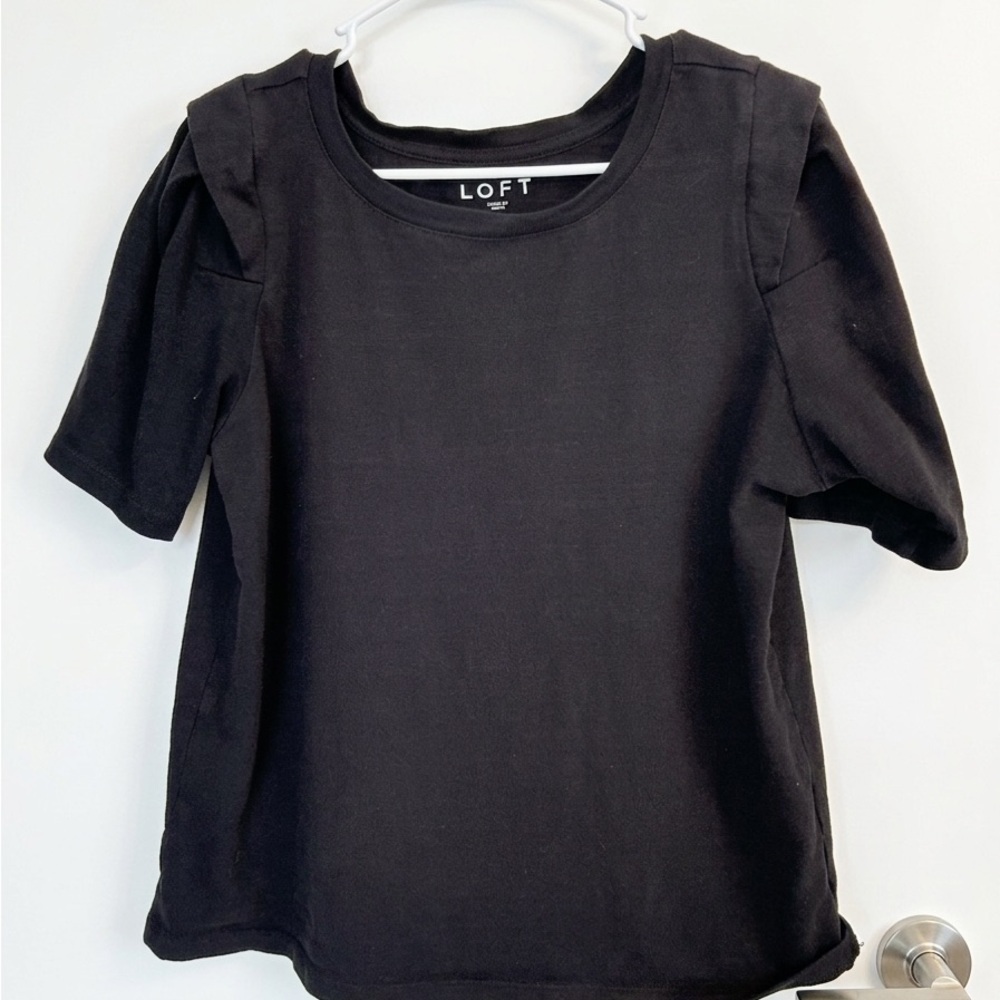 LOFT Black Puff Sleeve Top Women’s Large Cotton Minimalist Chic - Picture 2 of 5